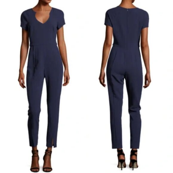 Black Halo Gypsy Rose Jumpsuit Size 8 Short Sleeve V Neck Classic Slit Hem $390 - Picture 2 of 16